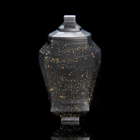 oriental style decorative glass art urn vase in black and gold