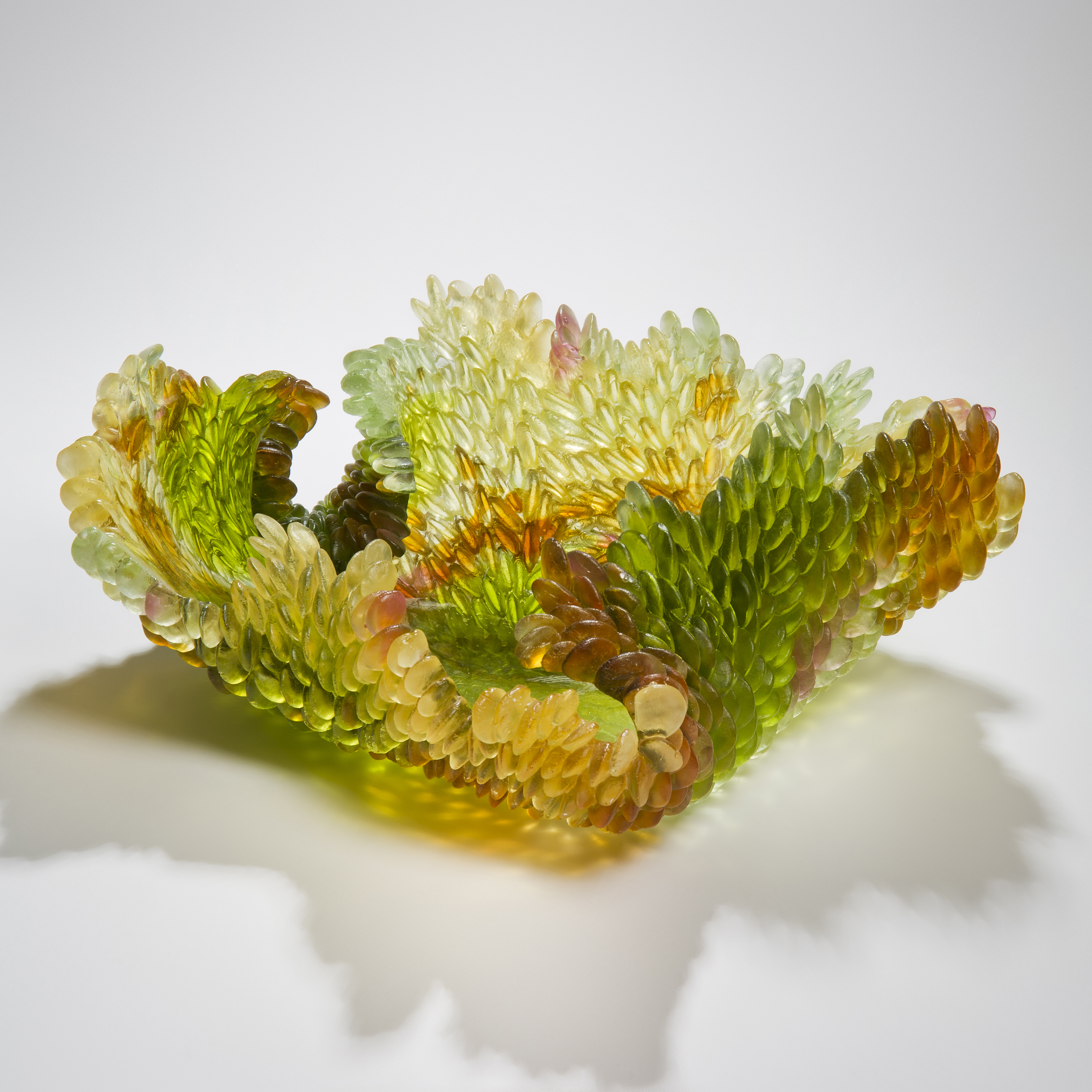 contemporary art-glass sculpture of leaf in autumnal colours