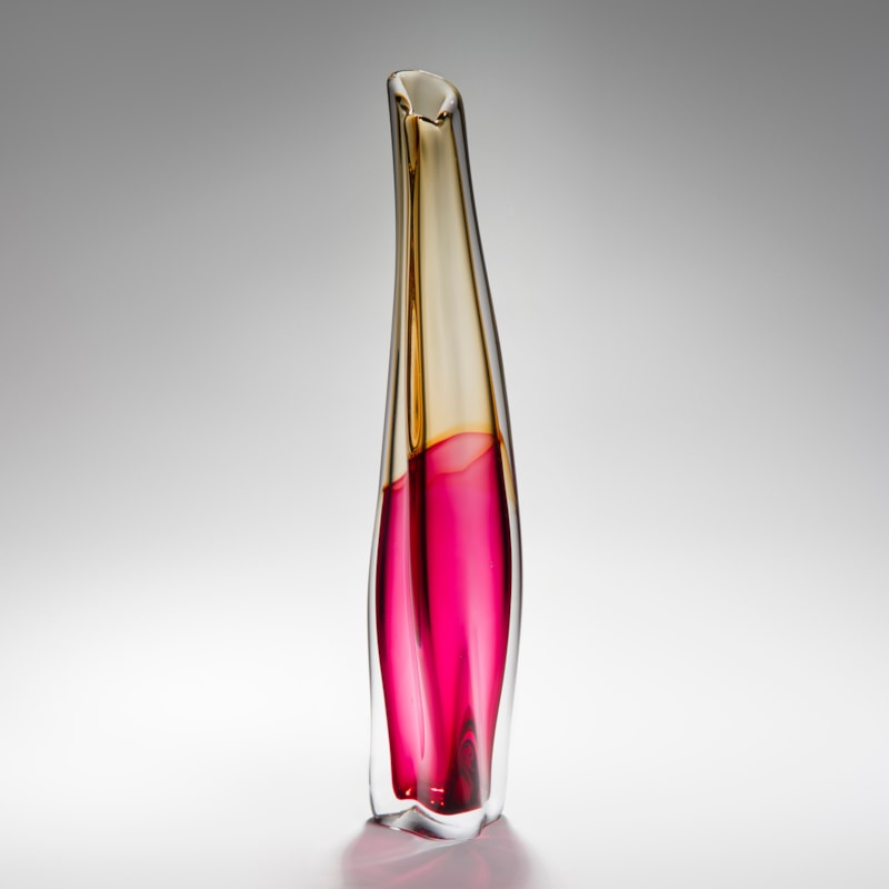 handblown sculpted tall thin glass ornament in clear pink and gold