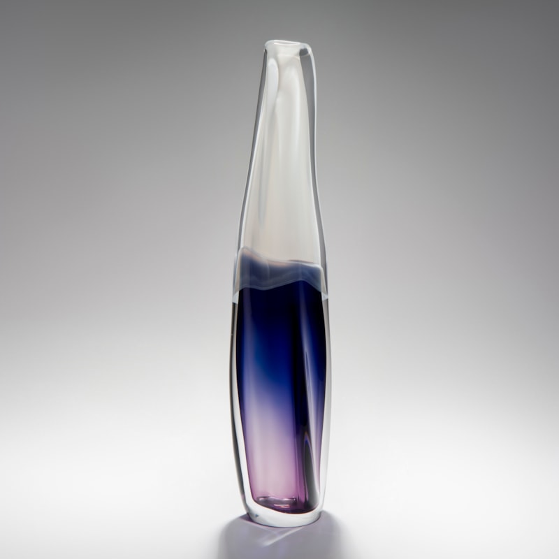 handblown sculpted tall thin glass ornament in clear blue and pink