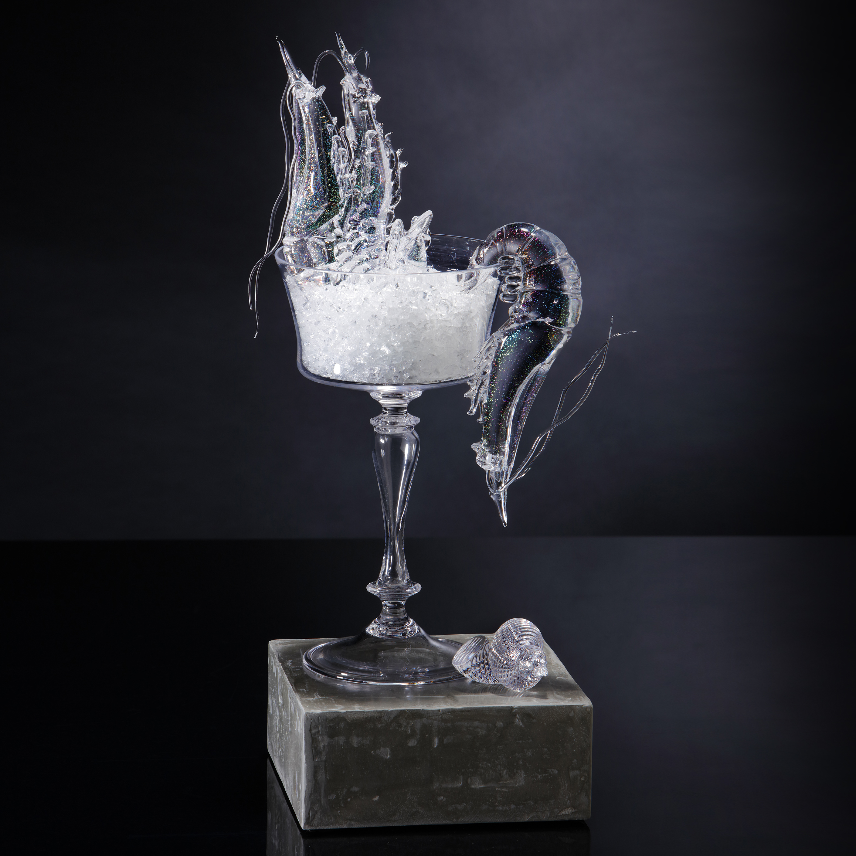 handblown and sculpted modern art glasswork of shrimp cocktail 