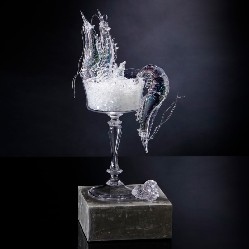handblown and sculpted modern art glasswork of shrimp cocktail