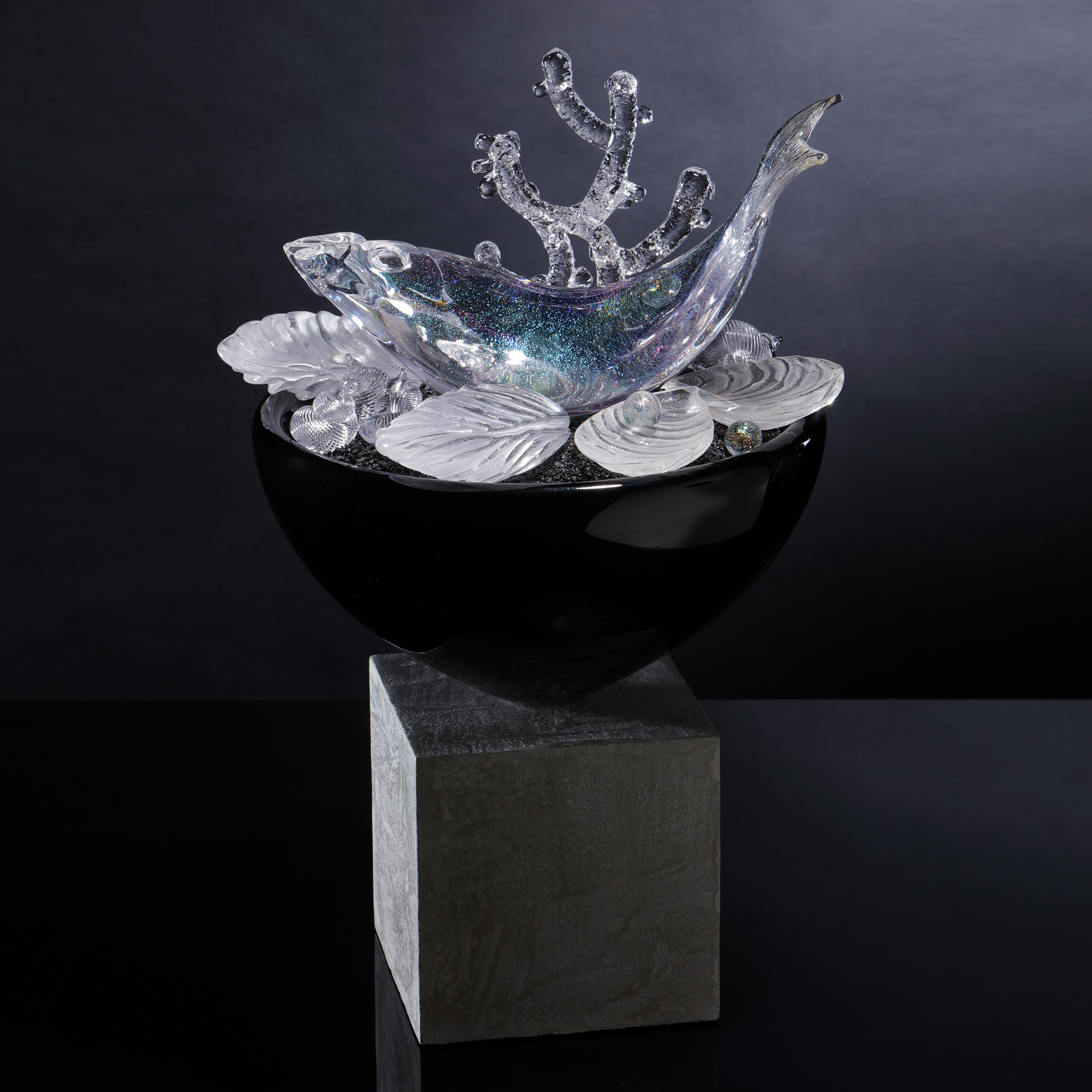 contemporary art glass blue and crystal handblown glass sculpture with fish and molluscs with wood and concrete base