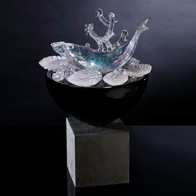 contemporary art glass blue and crystal handblown glass sculpture with fish and molluscs with wood and concrete base