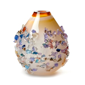 amber white and multicoloured contemporary textured art-glass sculptural vessel made from handblown glass