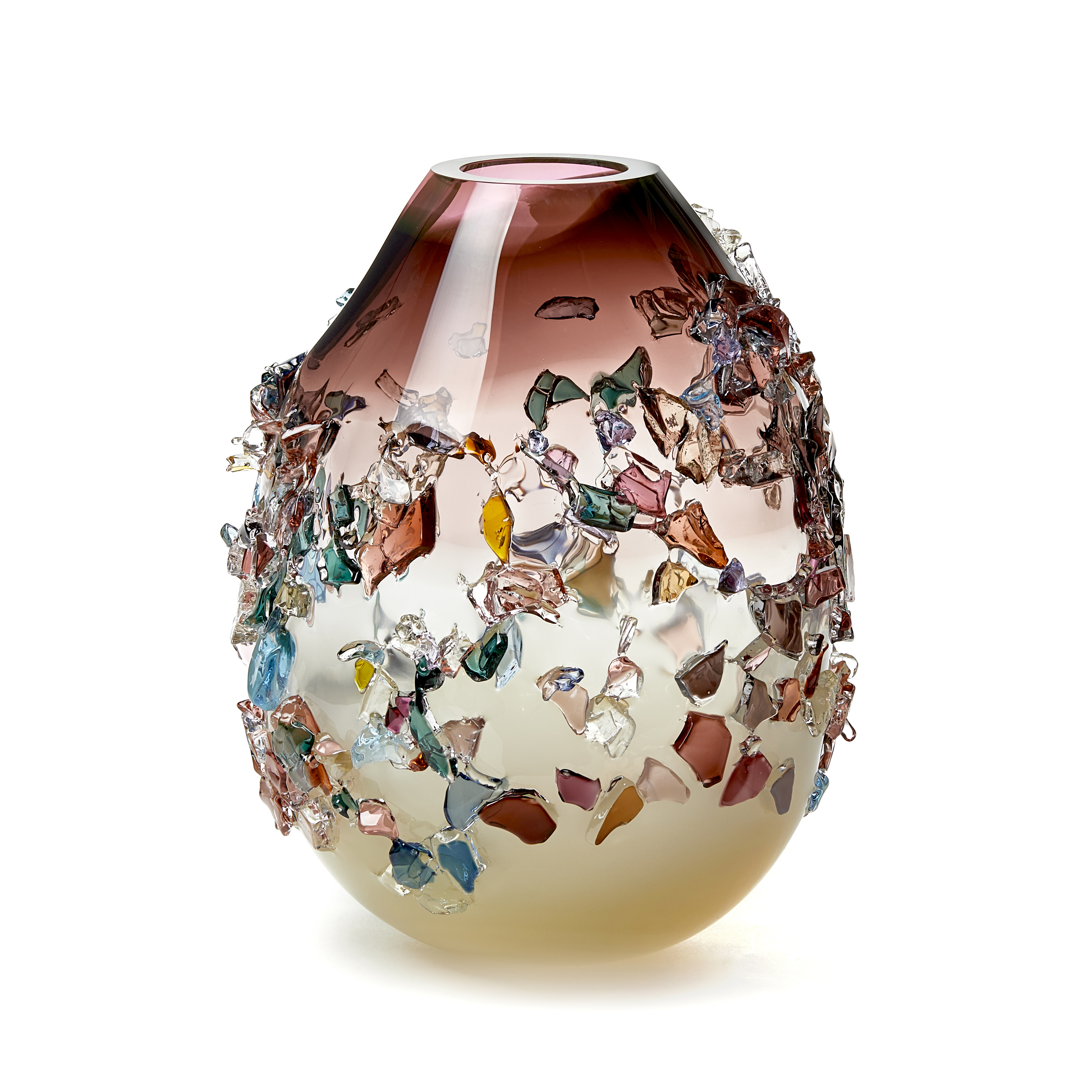 pink cream and multicoloured contemporary textured art-glass sculptural vessel made from handblown glass