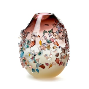 pink cream and multicoloured contemporary textured art-glass sculptural vessel made from handblown glass