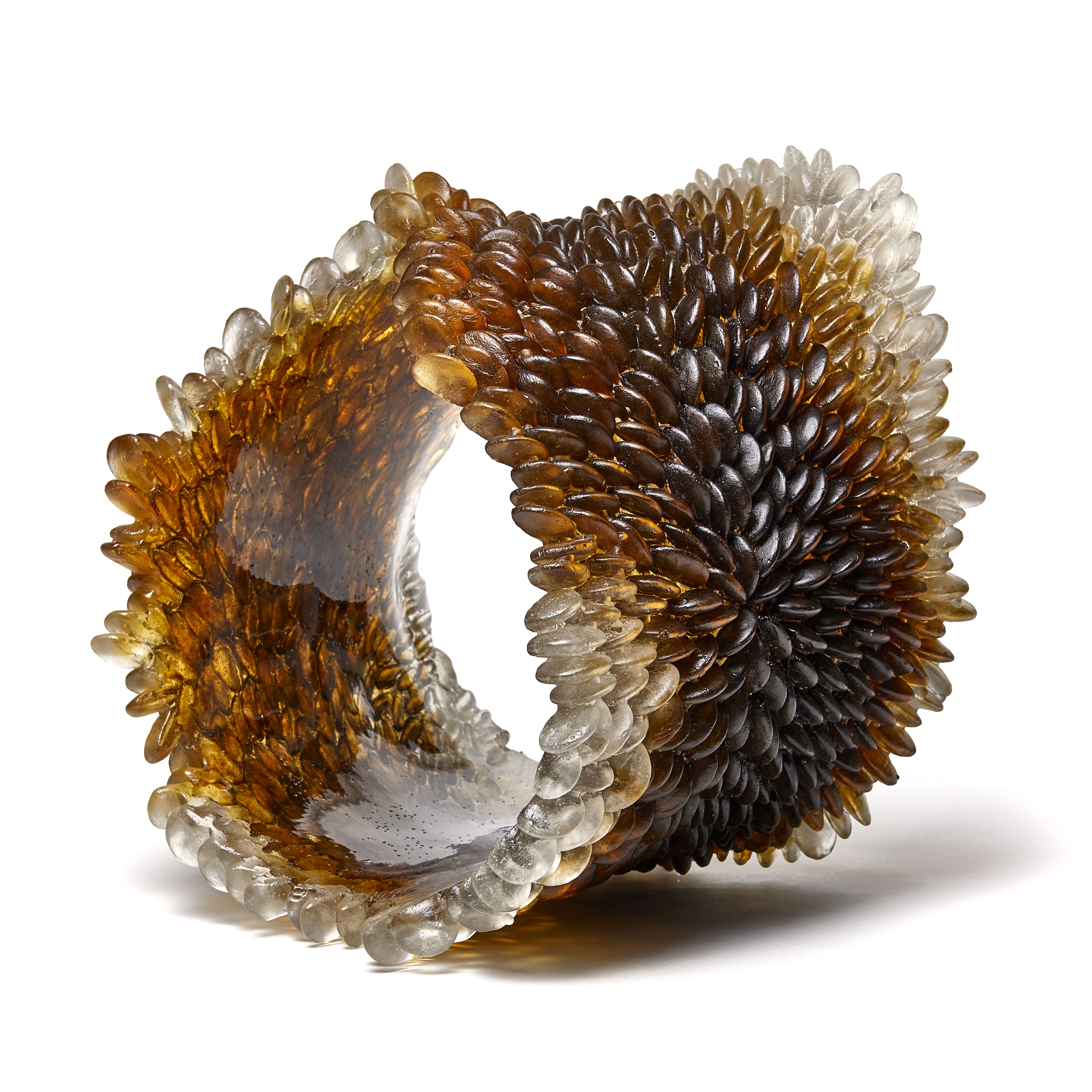 amber and brown contemporary textured organic art-glass sculpture made from cast and sculpted glass