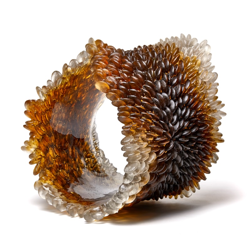 amber and brown contemporary textured organic art-glass sculpture made from cast and sculpted glass