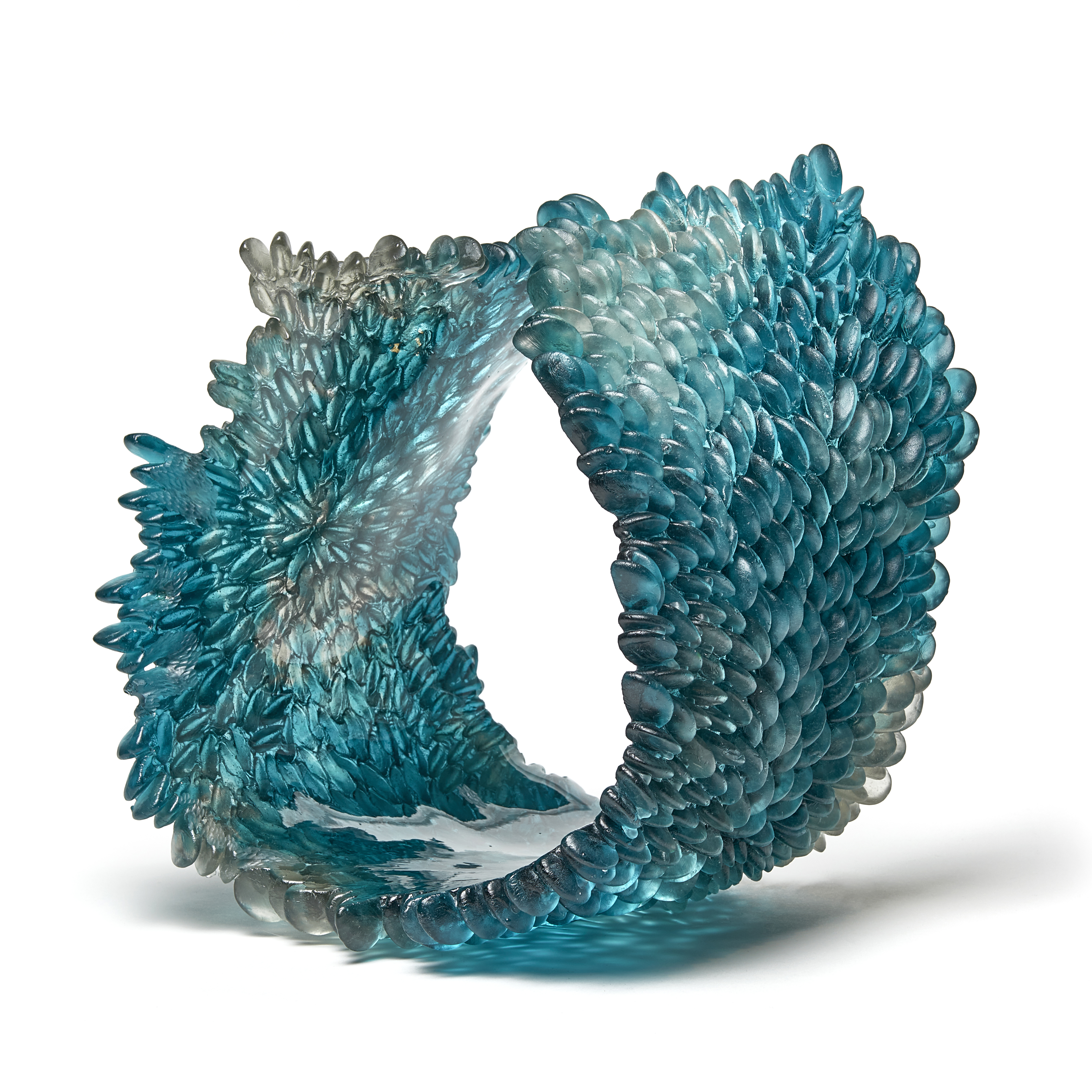 teal blue contemporary textured organic art-glass sculpture made from cast and sculpted glass