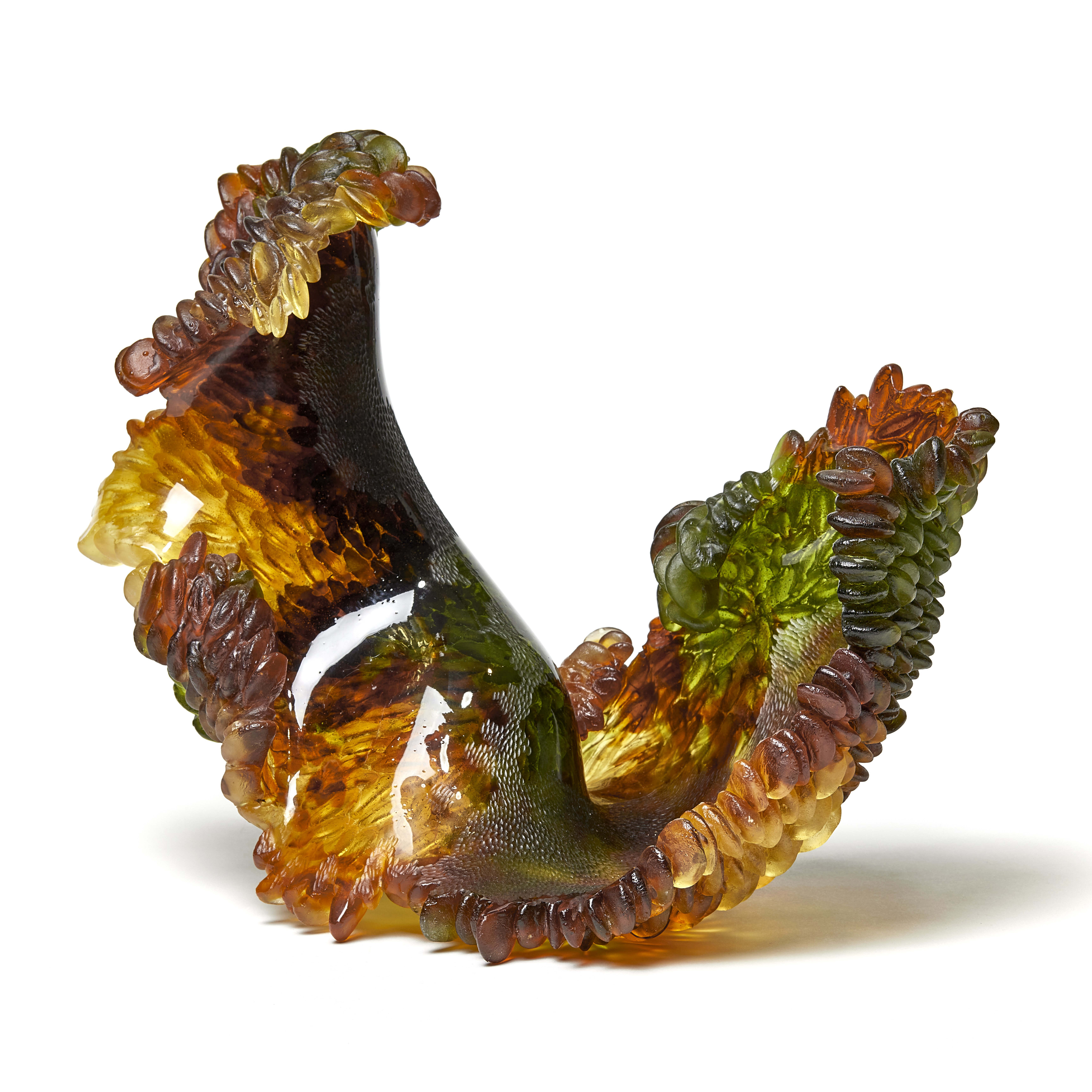 red, green and amber contemporary textured organic art-glass sculpture made from cast and sculpted glass