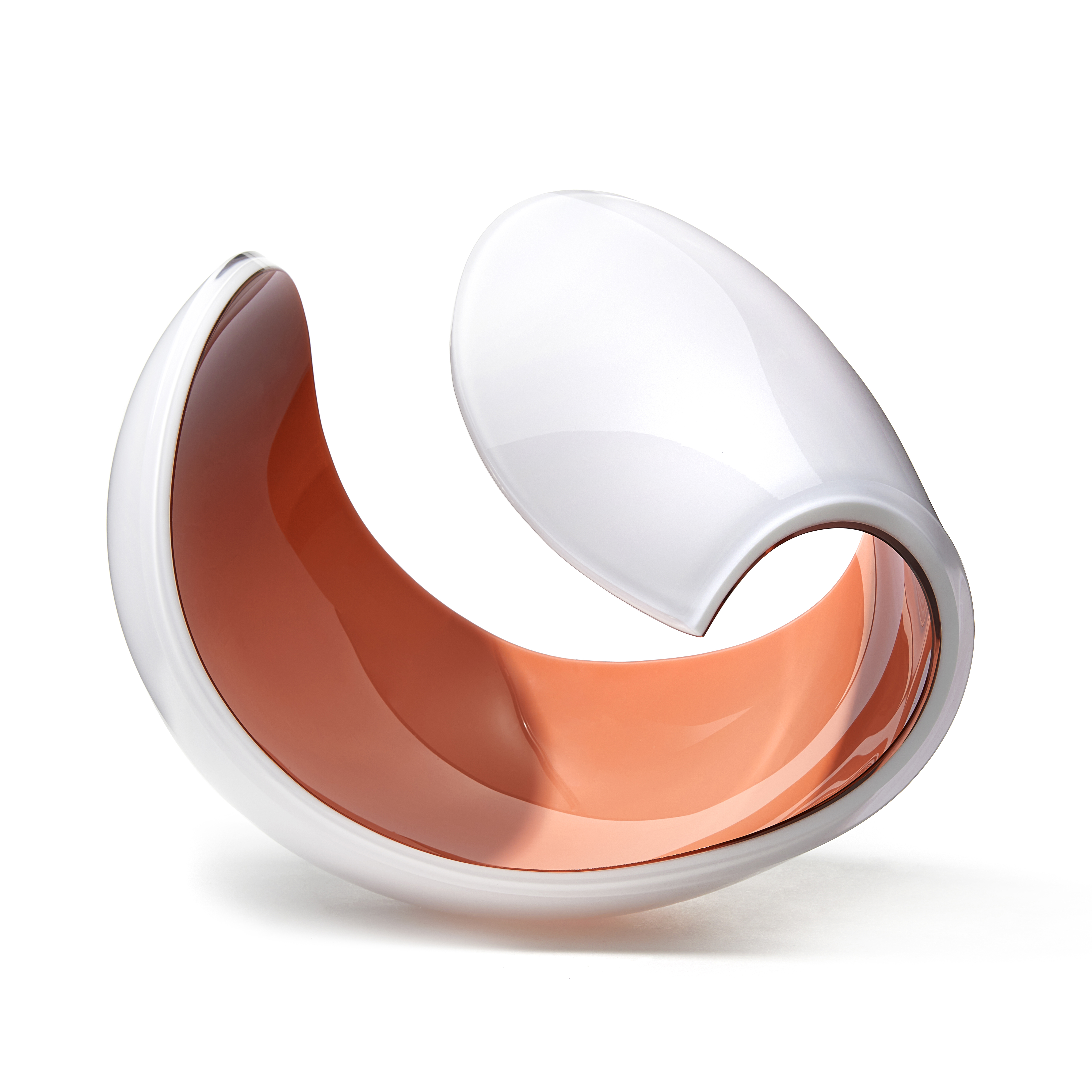 white and peach glossy contemporary rounded art-glass sculpture made from blown and cut glass