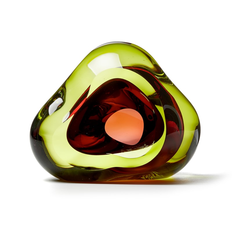 green and pink contemporary glossy amorphic art-glass sculpture made from blown and sculpted glass