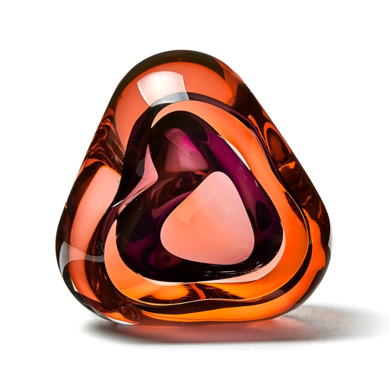 orange and purple contemporary glossy amorphic art-glass sculpture made from blown and sculpted glass
