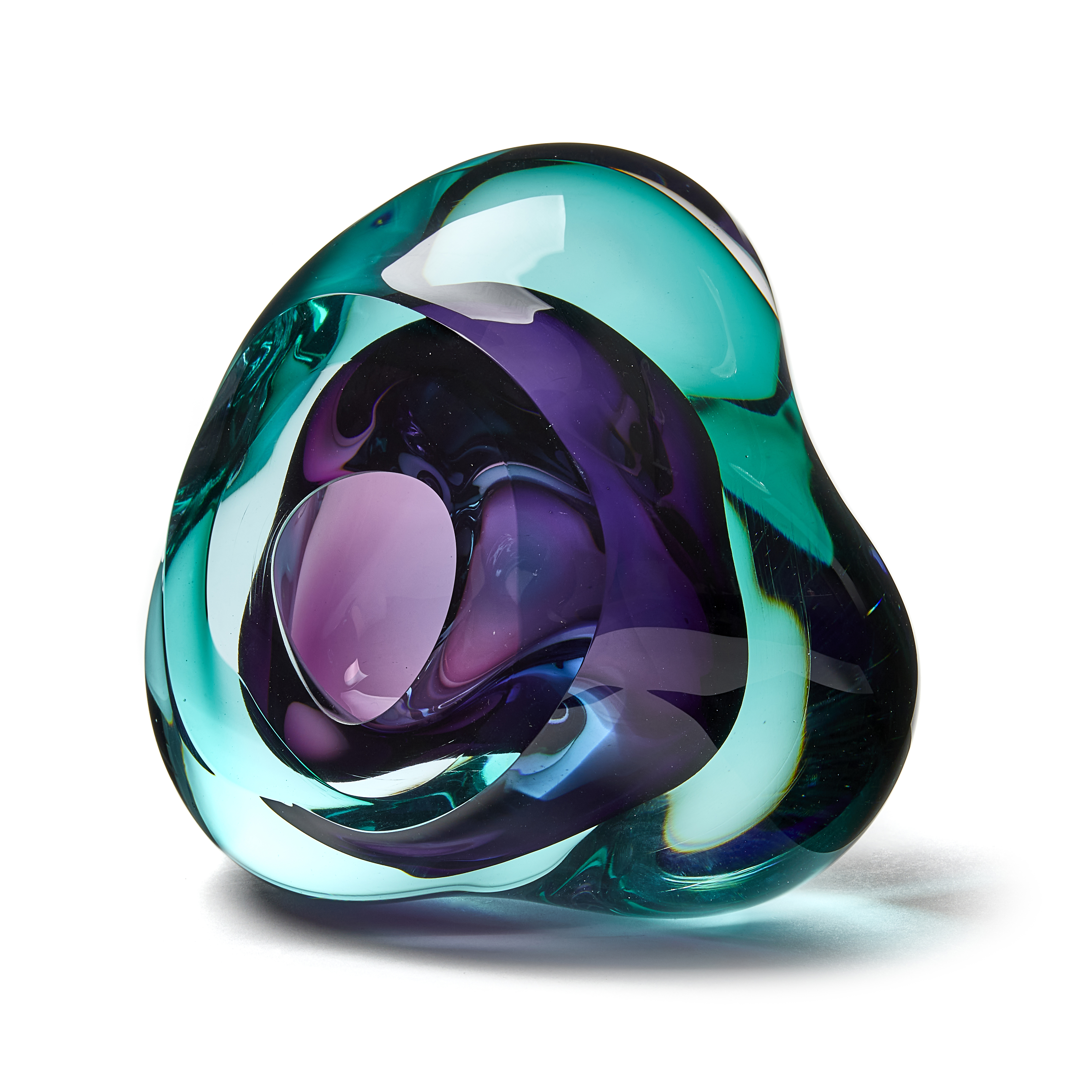 green and purple contemporary glossy amorphic art-glass sculpture made from blown and sculpted glass