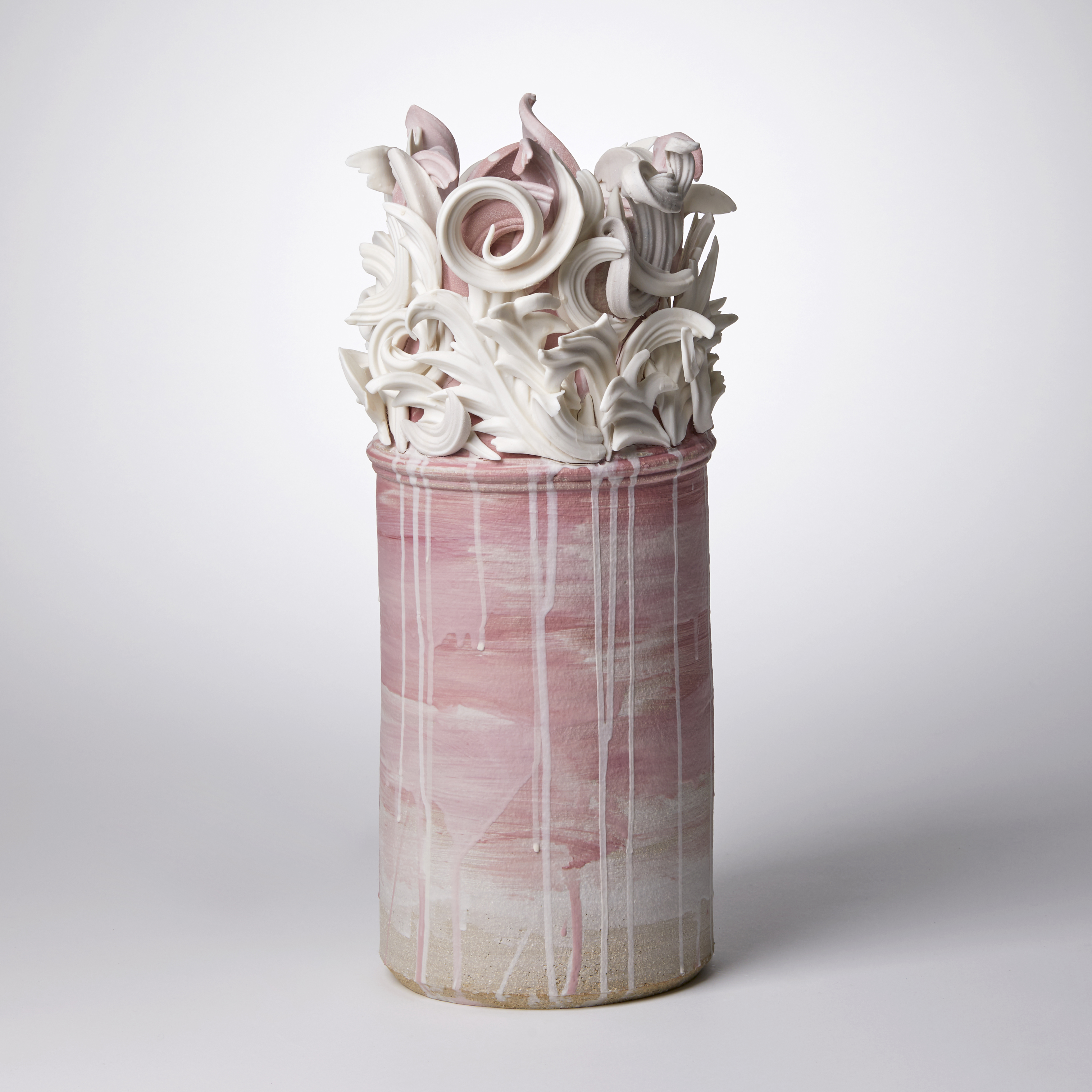 white and pink contemporary architectural weathered ceramic sculpture made from hand sculpted clay