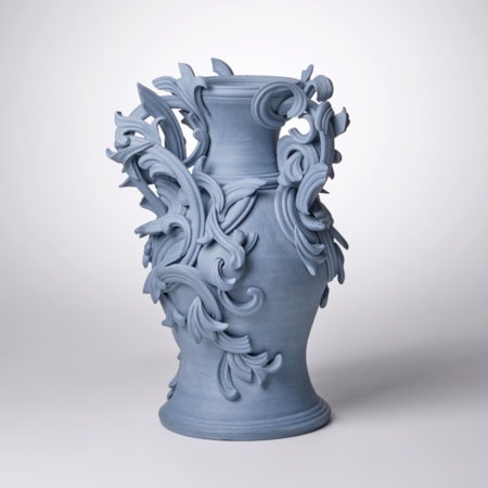 blue ceramic vase with decorative classical trim