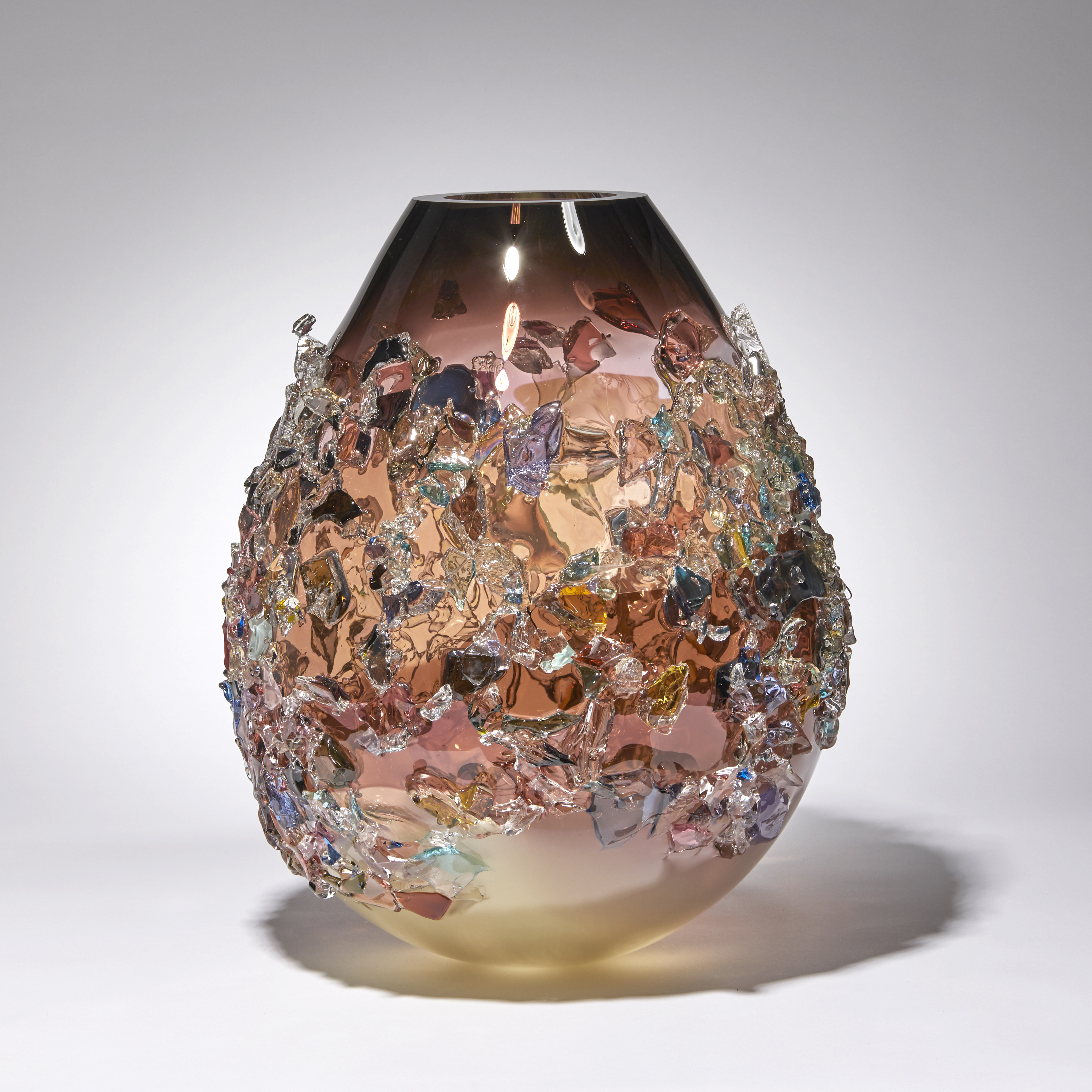aubergine cream and multicoloured contemporary shard covered art-glass sculptural vessel made from handblown glass