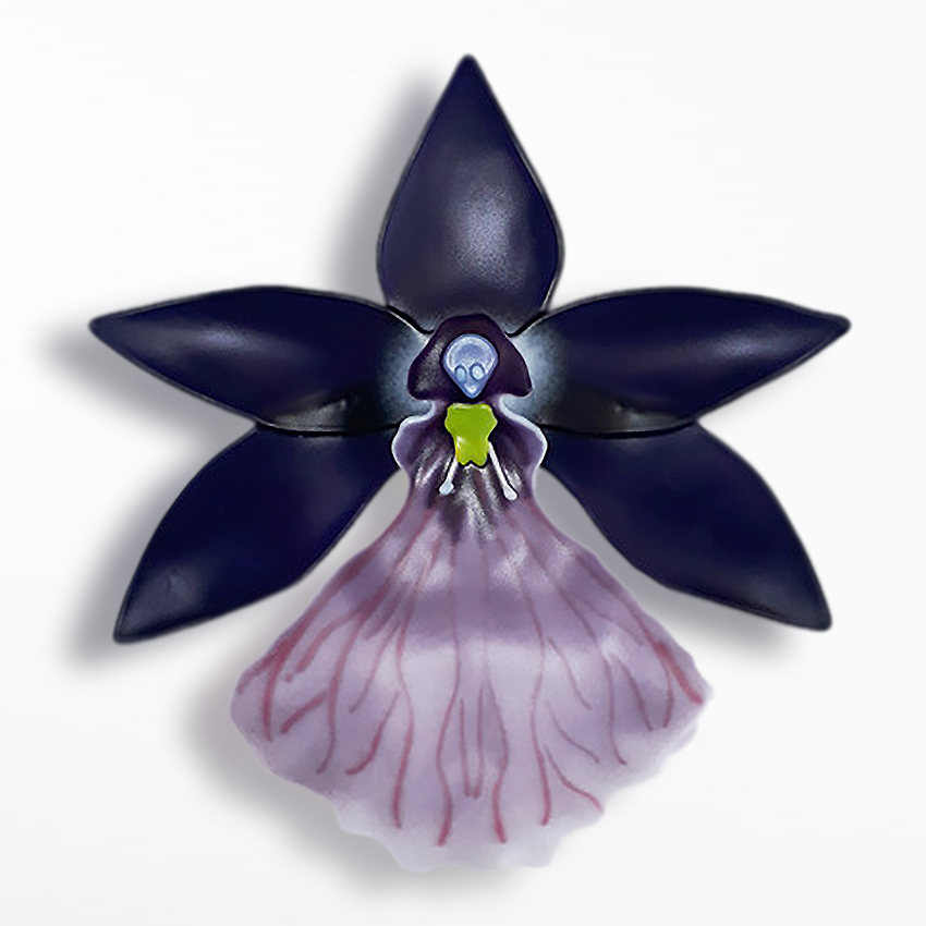 dark purple mauve and yellow contemporary sculptural art-glass orchid made from hand crafted fused glass