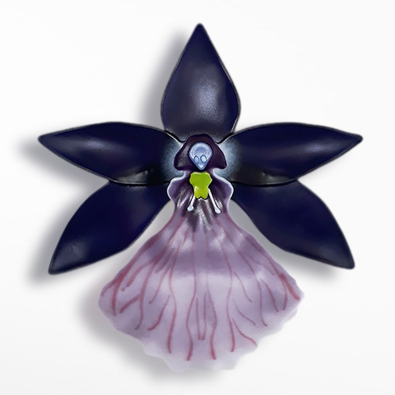 dark purple mauve and yellow contemporary sculptural art-glass orchid made from hand crafted fused glass