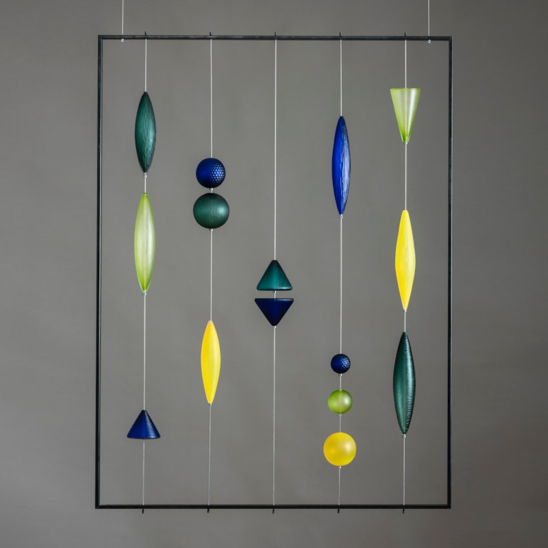yellow blue and green geometric abacus style hanging sculpture made from handblown and cut glass with steel frame