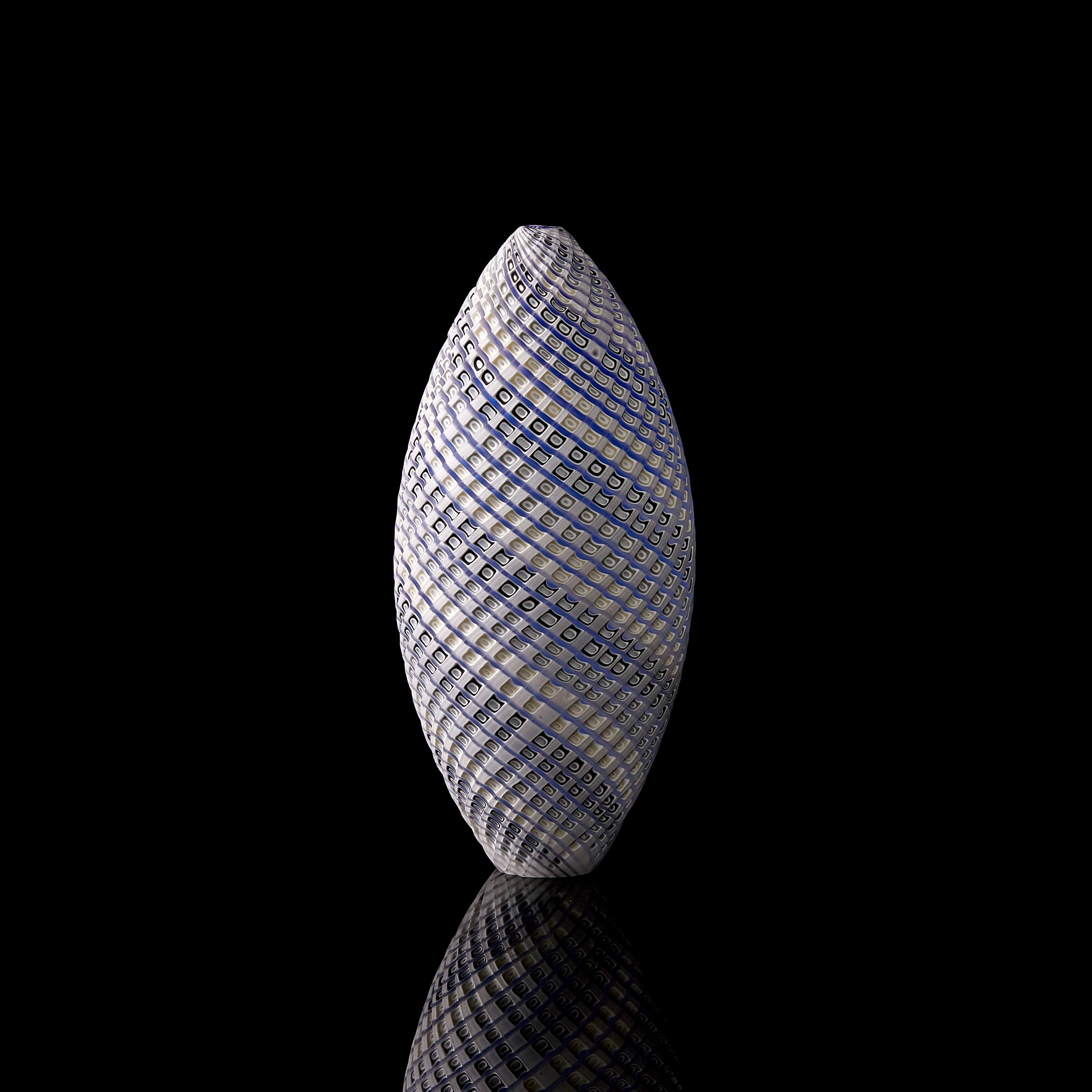 blue grey and white contemporary sculpture with swirling pattern made from handblown and cut glass