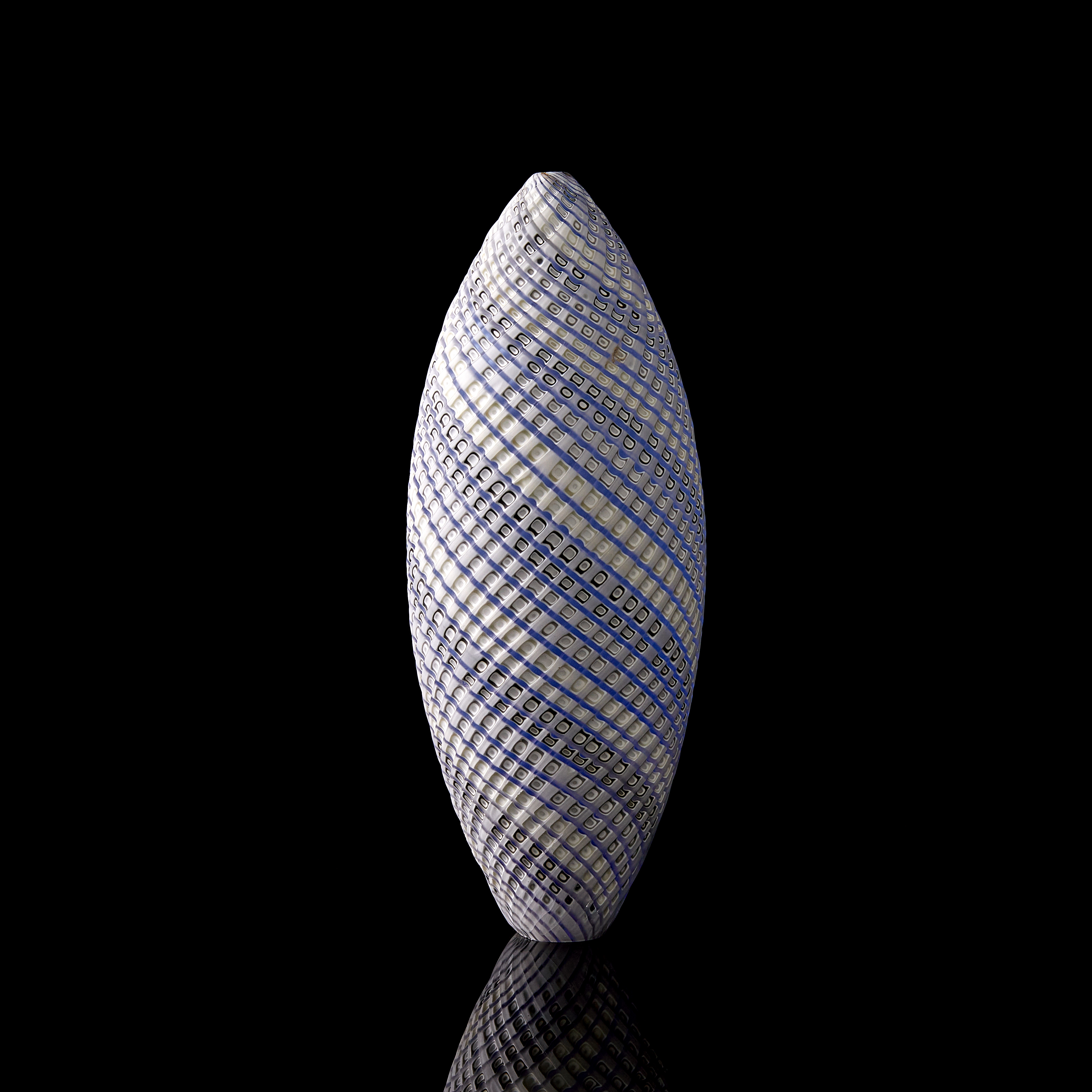 blue grey and white contemporary sculpture with swirling pattern made from handblown and cut glass