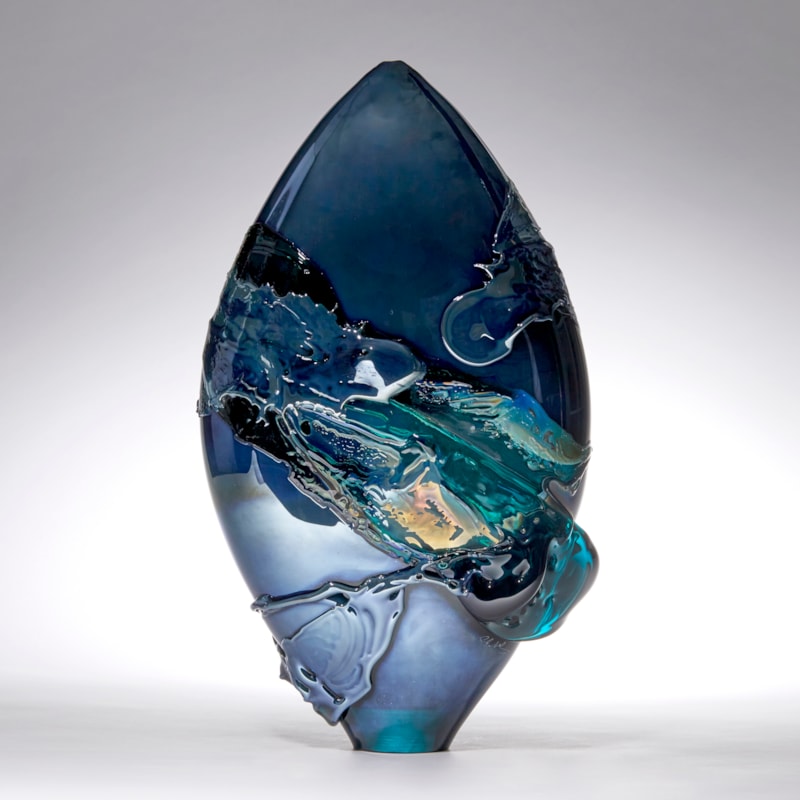 metallic blue and teal green pointed oval handmade glass vase with organic painted looking decoration
