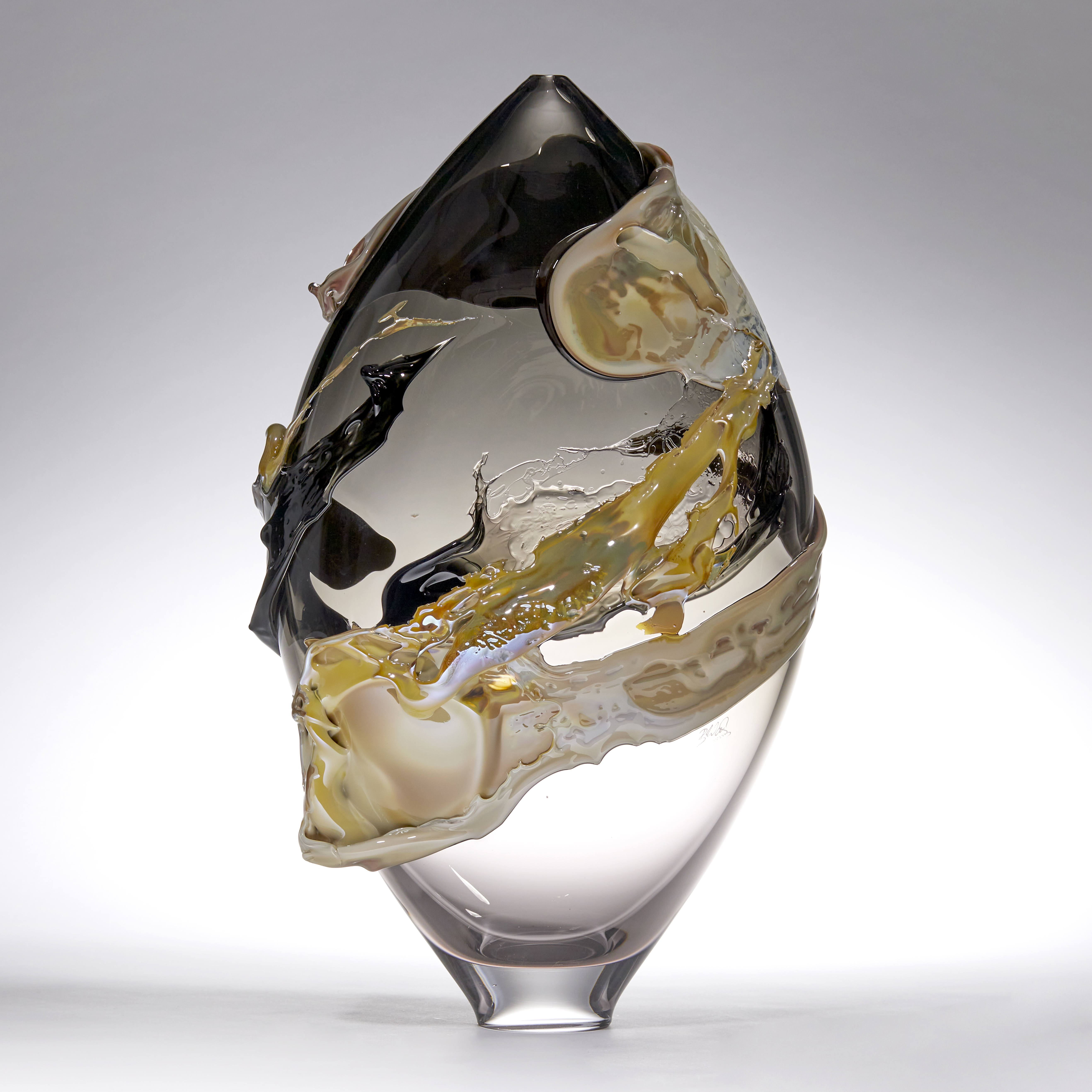 gold bronze and black pointed oval handmade glass vase with organic painted looking decoration  