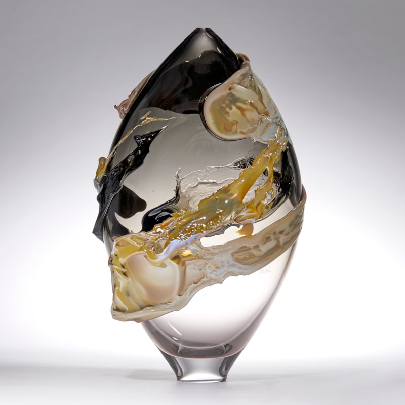 gold bronze and black pointed oval handmade glass vase with organic painted looking decoration