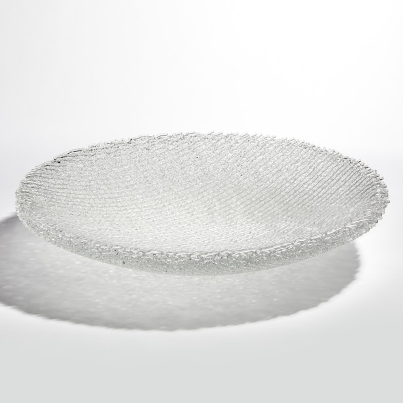 Sculptural low wide latticed bowl handmade from layers of thin glass canes