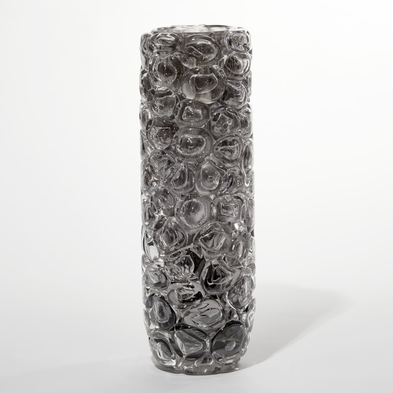 grey and clear cylindrical sculptural glass vase covered in large clear bubbles made from handblown glass with mirrored interior