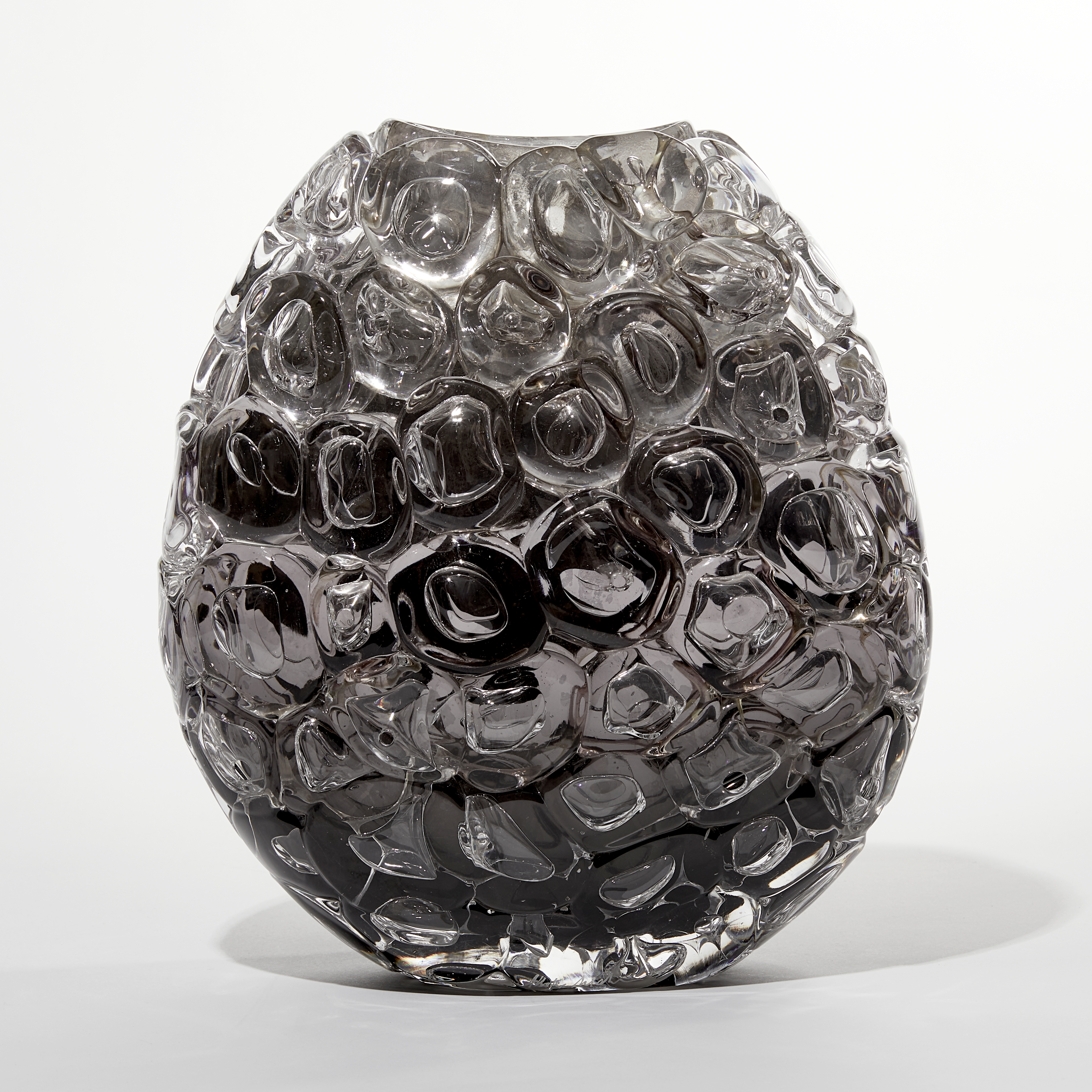 clear silver and grey oval sculptural glass vase covered in large clear bubbles made from handblown glass 