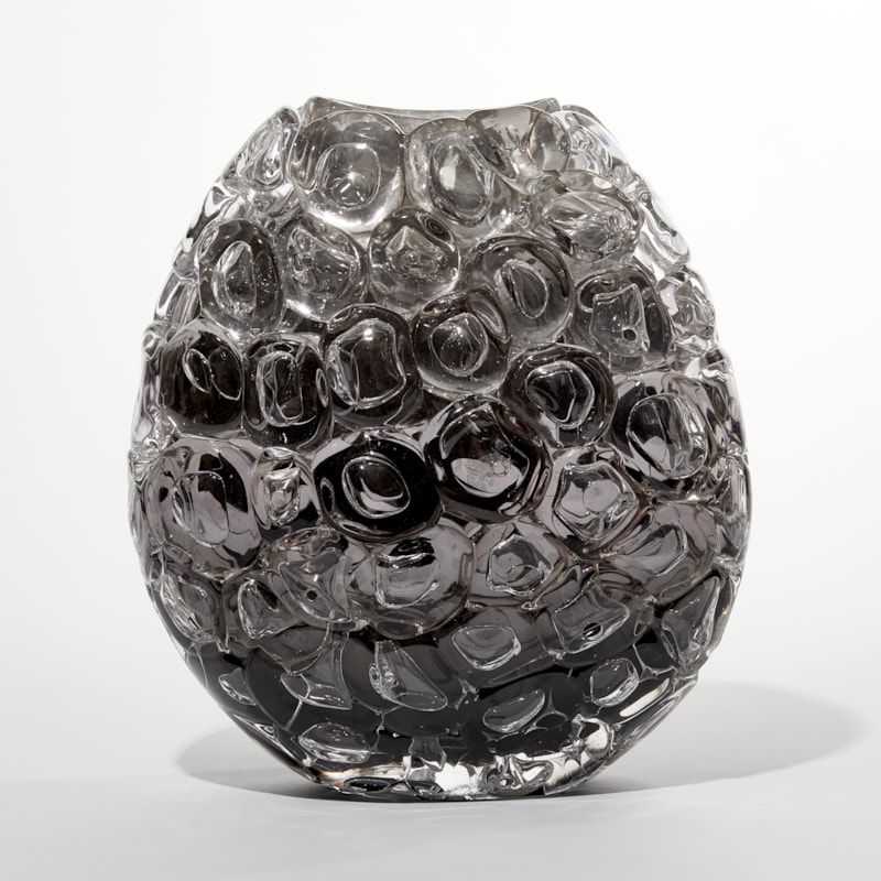 clear silver and grey oval sculptural glass vase covered in large clear bubbles made from handblown glass