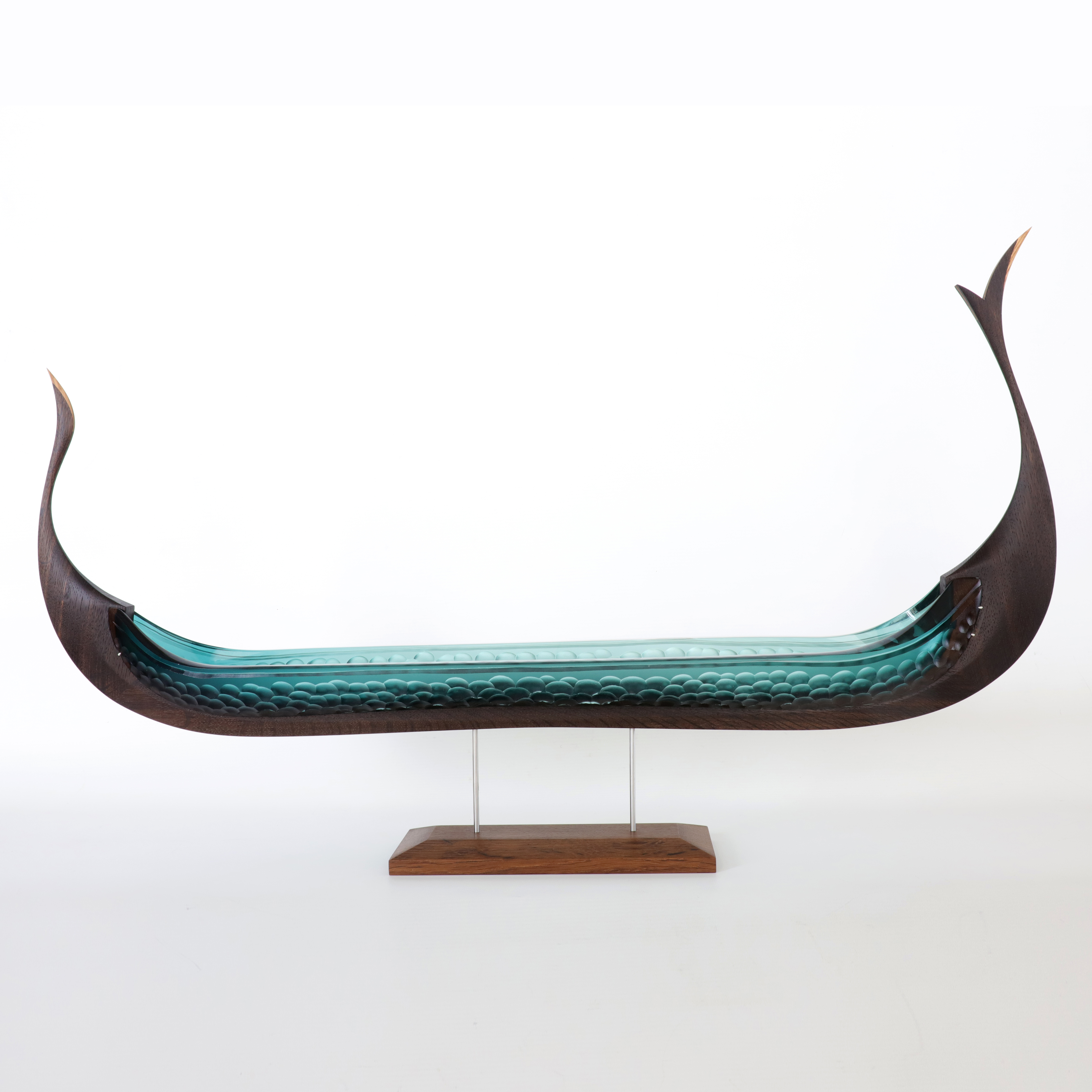aqua and brown glass and wood handmade viking ship sculpture with textured hullu