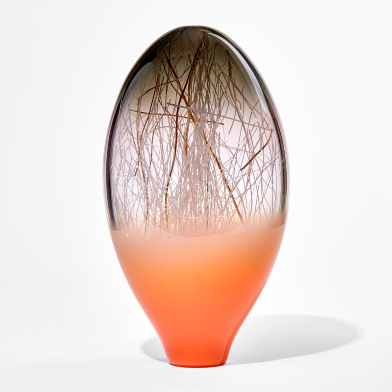 bright orange grey and clear glass standing ovoid sculpture handmade from glass with interior line detail
