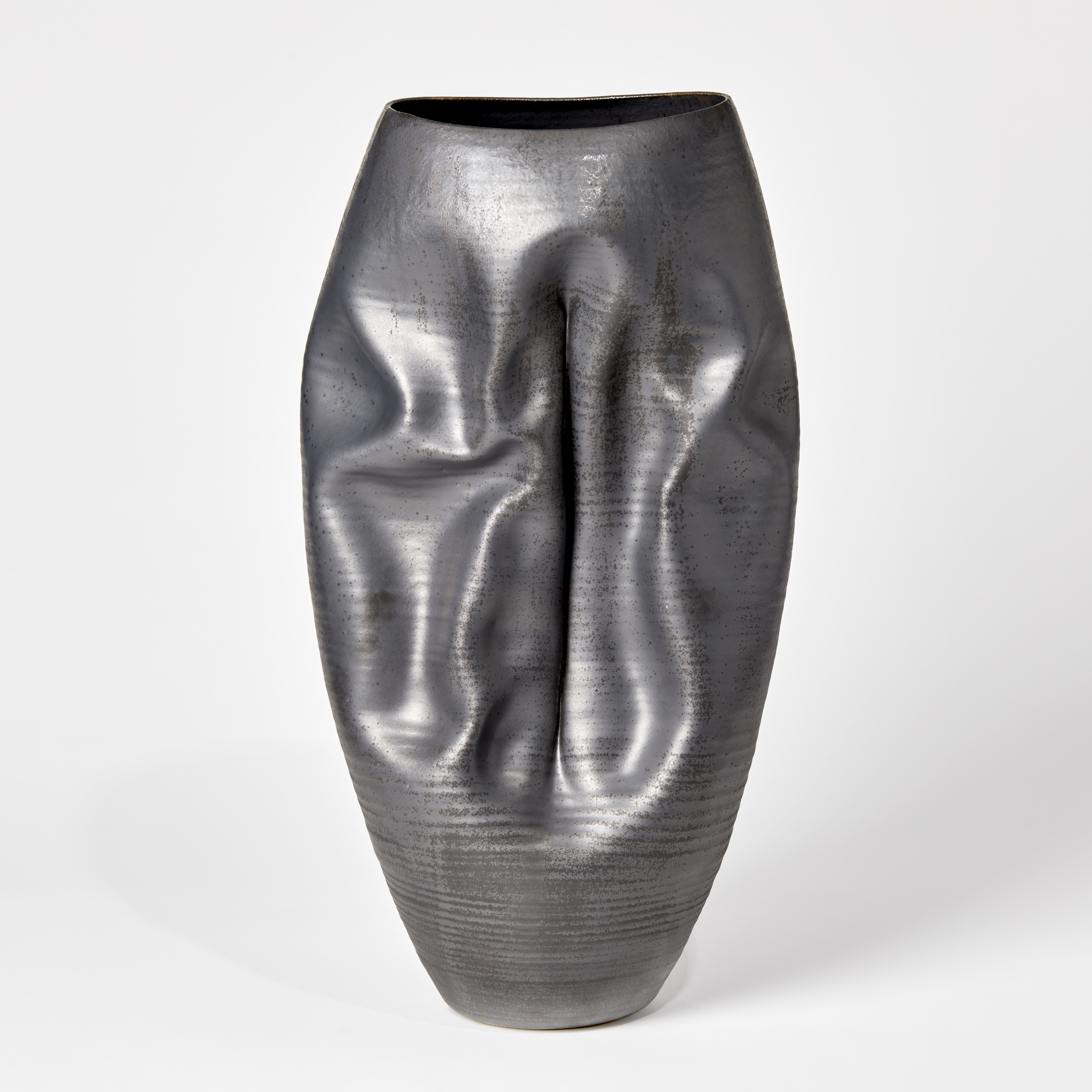 pewter oval tall crinkled vase handmade from glazed ceramic