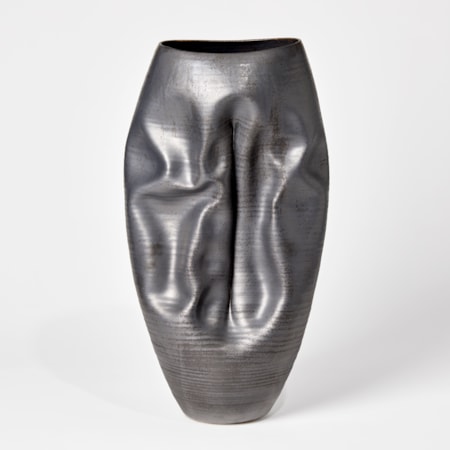 pewter oval tall crinkled vase handmade from glazed ceramic