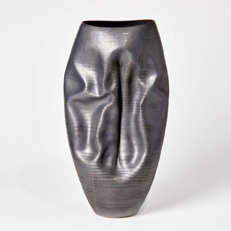 pewter oval tall crinkled vase handmade from glazed ceramic
