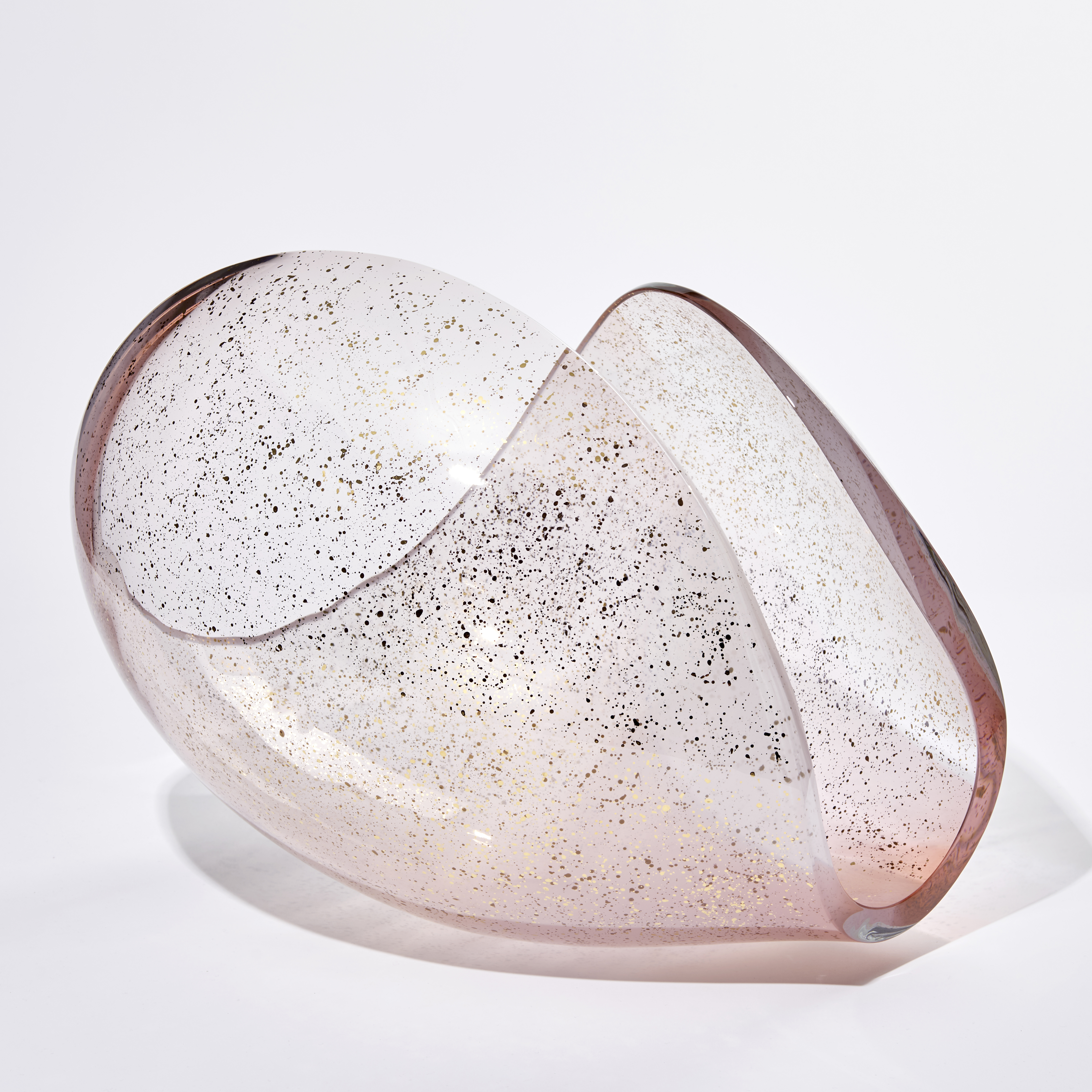 Transparent pink simplified conch shell shaped handcrafted glass sculpture with gold speckles