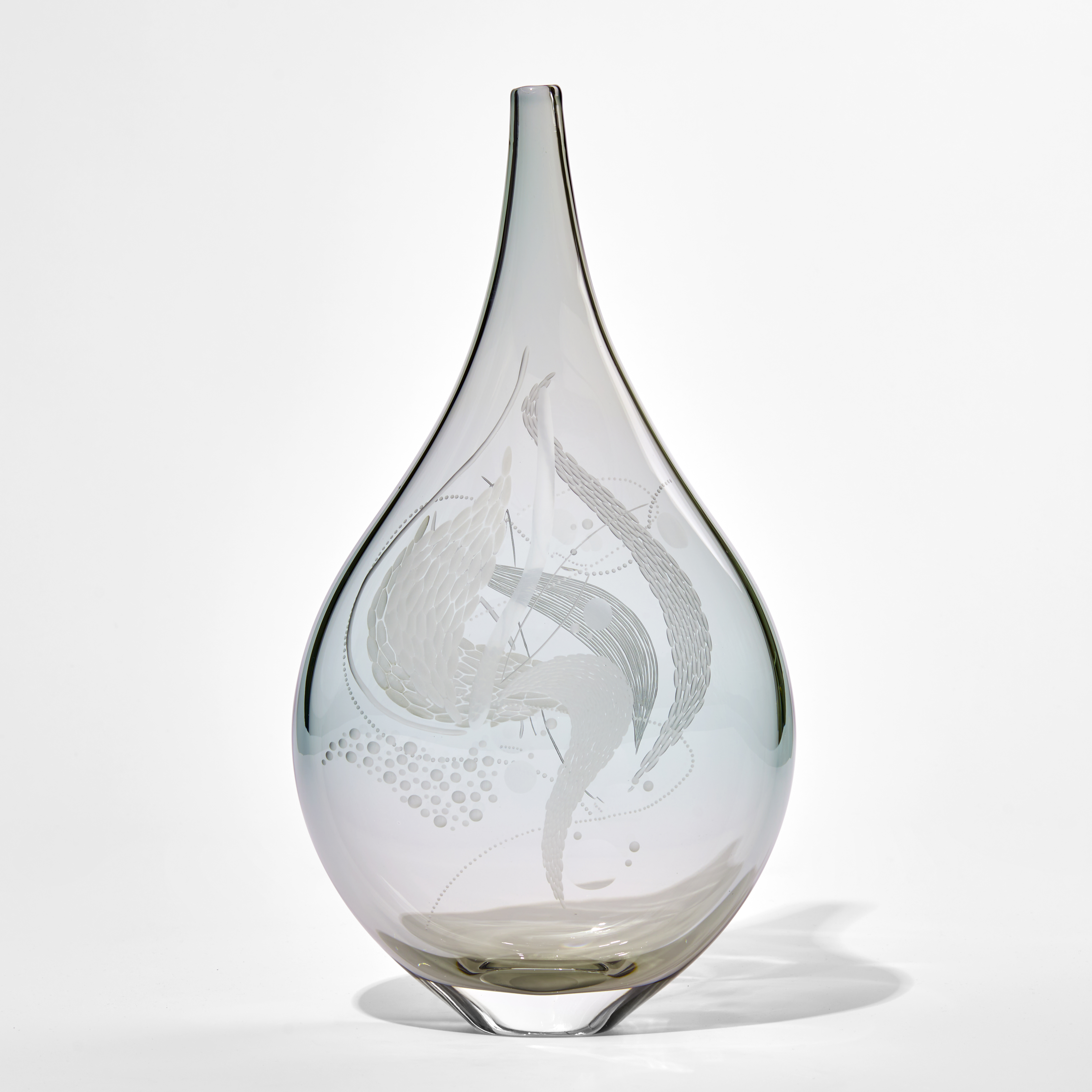 soft grey and duck egg blue transparent teardrop shaped handmade glass vase with organic detailed engraved patterns