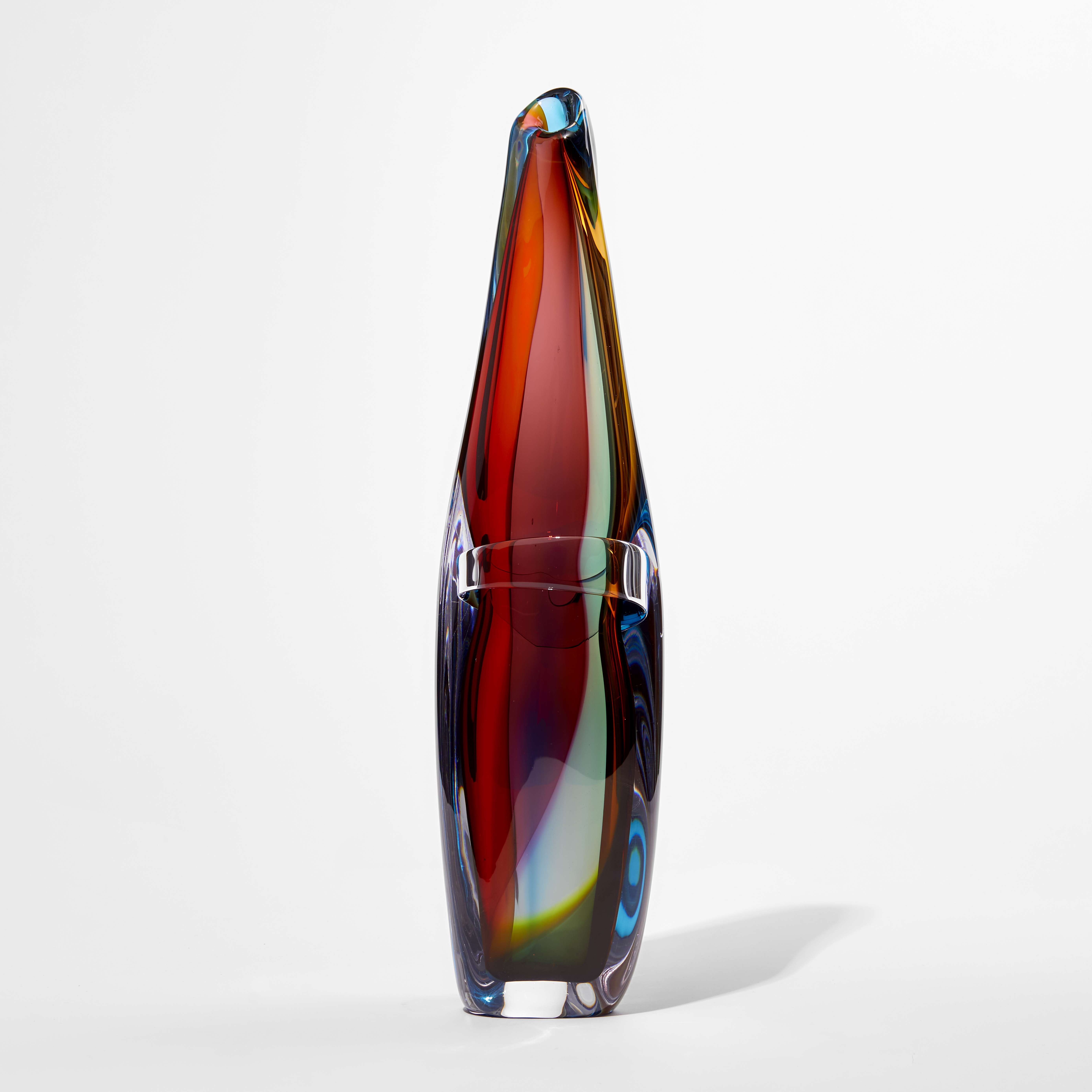 multicoloured soft organic lozenge shaped tall vase handmade from glass