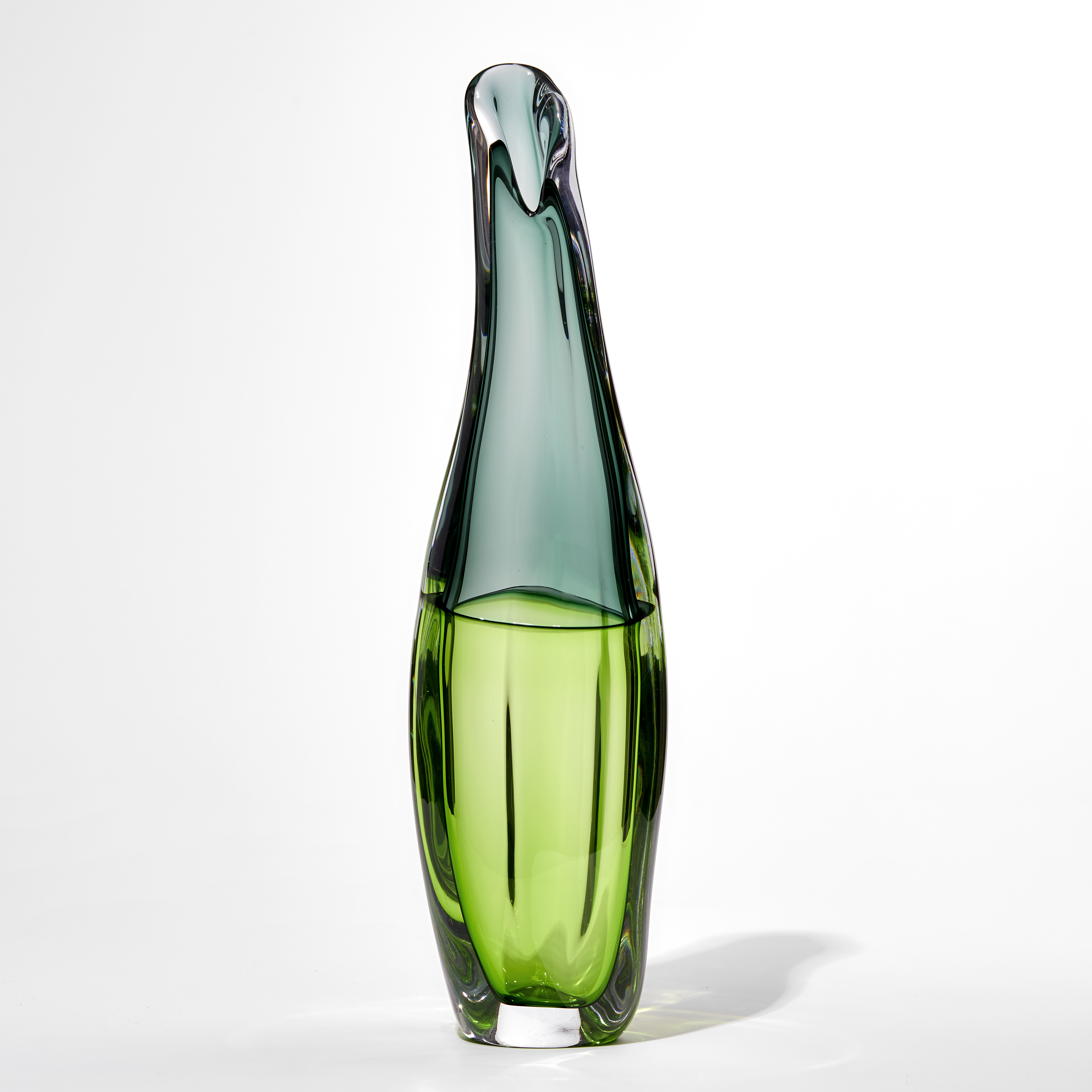 Two tone green tall softy twisted slightly bulbous handblown glass vase