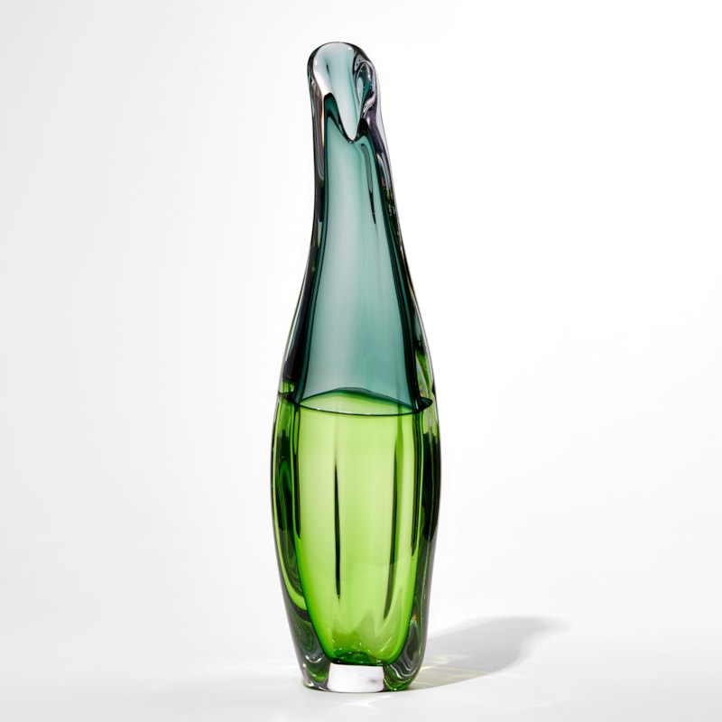 Two tone green tall softy twisted slightly bulbous handblown glass vase