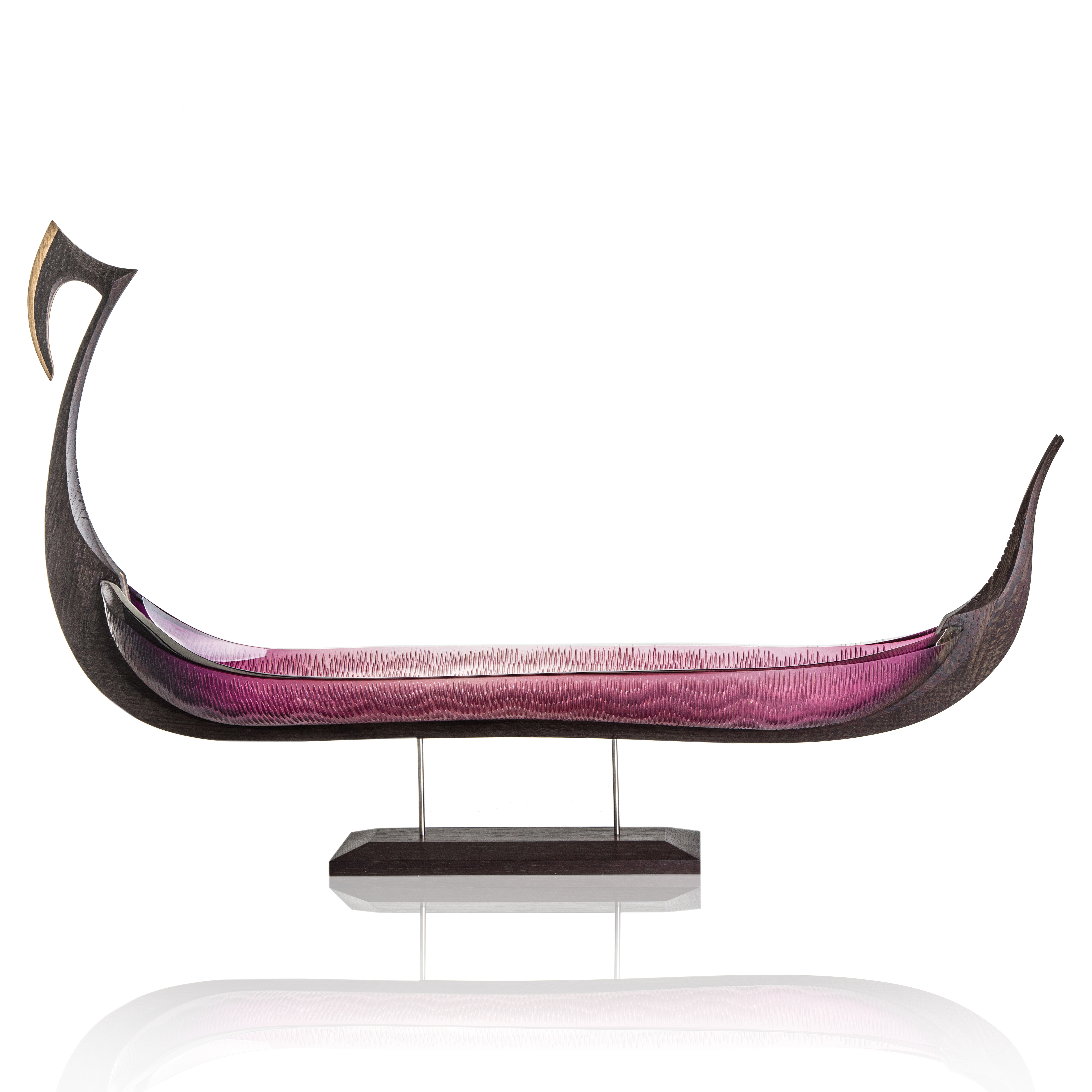 handblown glass and carved oak sculpture of Viking ship