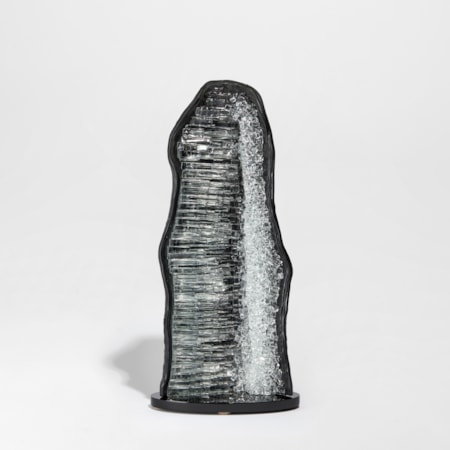 black grey and clear geode inspired tall handmade glass sculpture with crystal interior detail