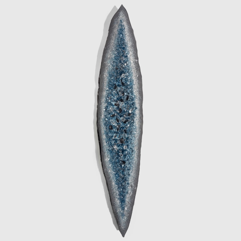 aqua blue and turquoise long pointed oval glass wall sculpture fill with crystals