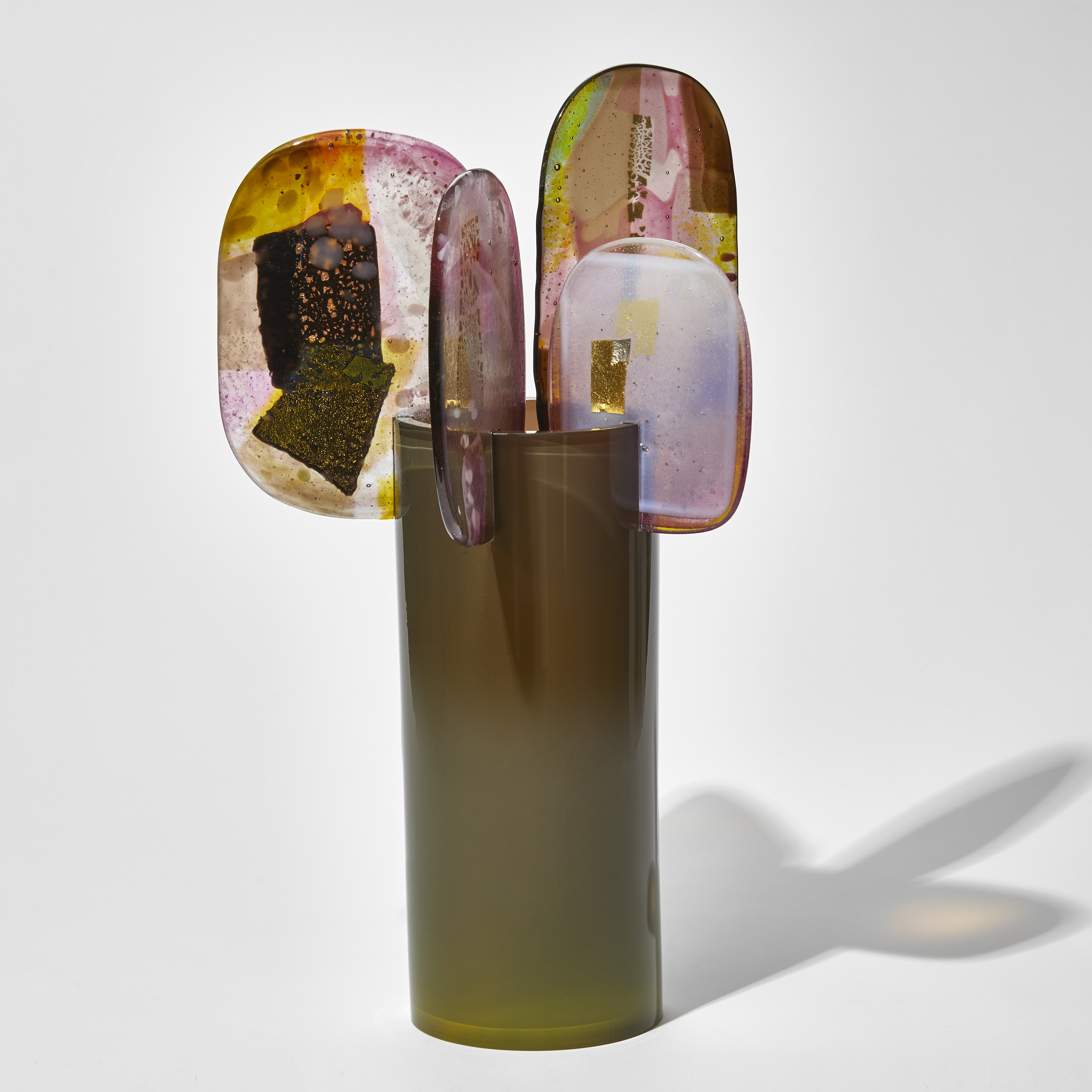 khaki pink and yellow abstract tree sculpture with lollipop leaves hand made from glass