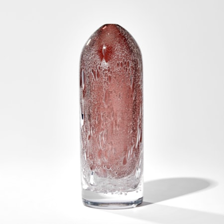 tall rounded top sculpture in aubergine with trapped effervescent bubbles hand made from glass
