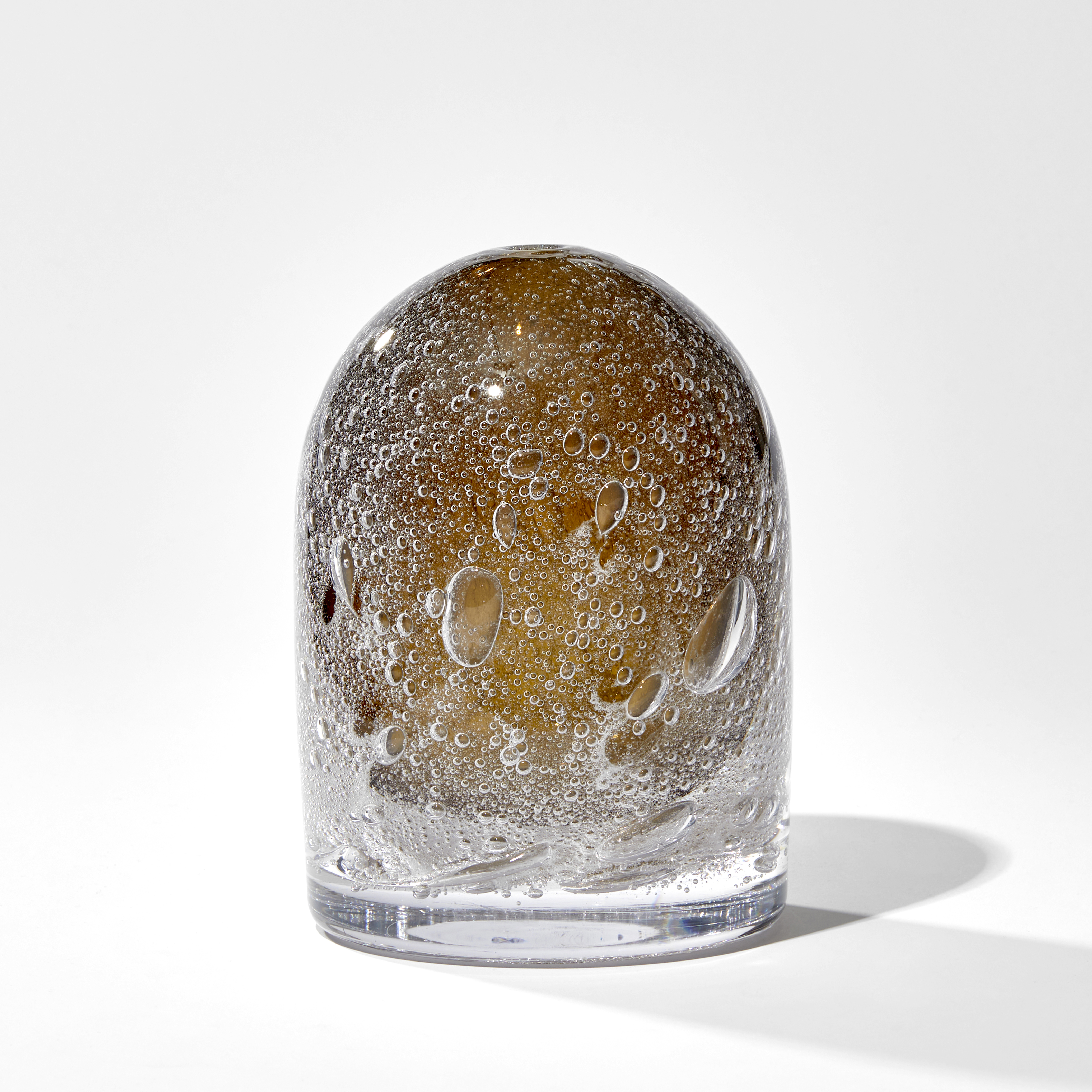 khaki green short domed top sculpture with trapped bubbled handmade from glass